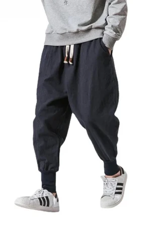 Cotton Linen Harem Pants Men Solid Elastic Waist Streetwear Joggers New Baggy Drop-crotch Pants Casual Trousers Men