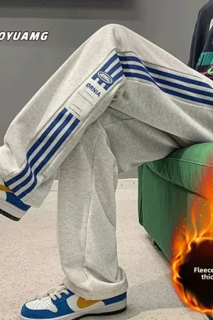 American Style High Street Pants Men's Fall Winter Trendy Brand Fleece-Lined Casual Sports Striped Waist-Defining Loose Fit Vers