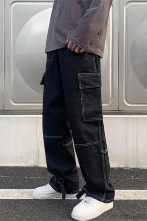 Wide Leg Jeans Men loose Hip Hop Casual Men's Straight Baggy Denim Pants Streetwear Skateboard Pant Neutral Trousers Plus Size