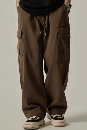 Men's Sweatpants 2025 Spring Autumn Vintage Japanese Wide Leg Straight Loose Button Big Pockets Cargo Pants Drawstring Trousers
