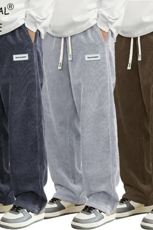 Autumn Mens Corduroy Casual Pants Fashion Loose Fit Pants Straight Sweatpants Elastic Waist Drawstring Outdoor Streetwear